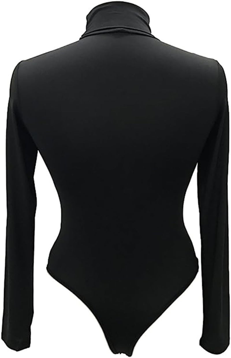 Sumtory Women Turtleneck Stretchy Long Sleeve Bodysuit Top Solid Bodycon Romper Black L - Image 4